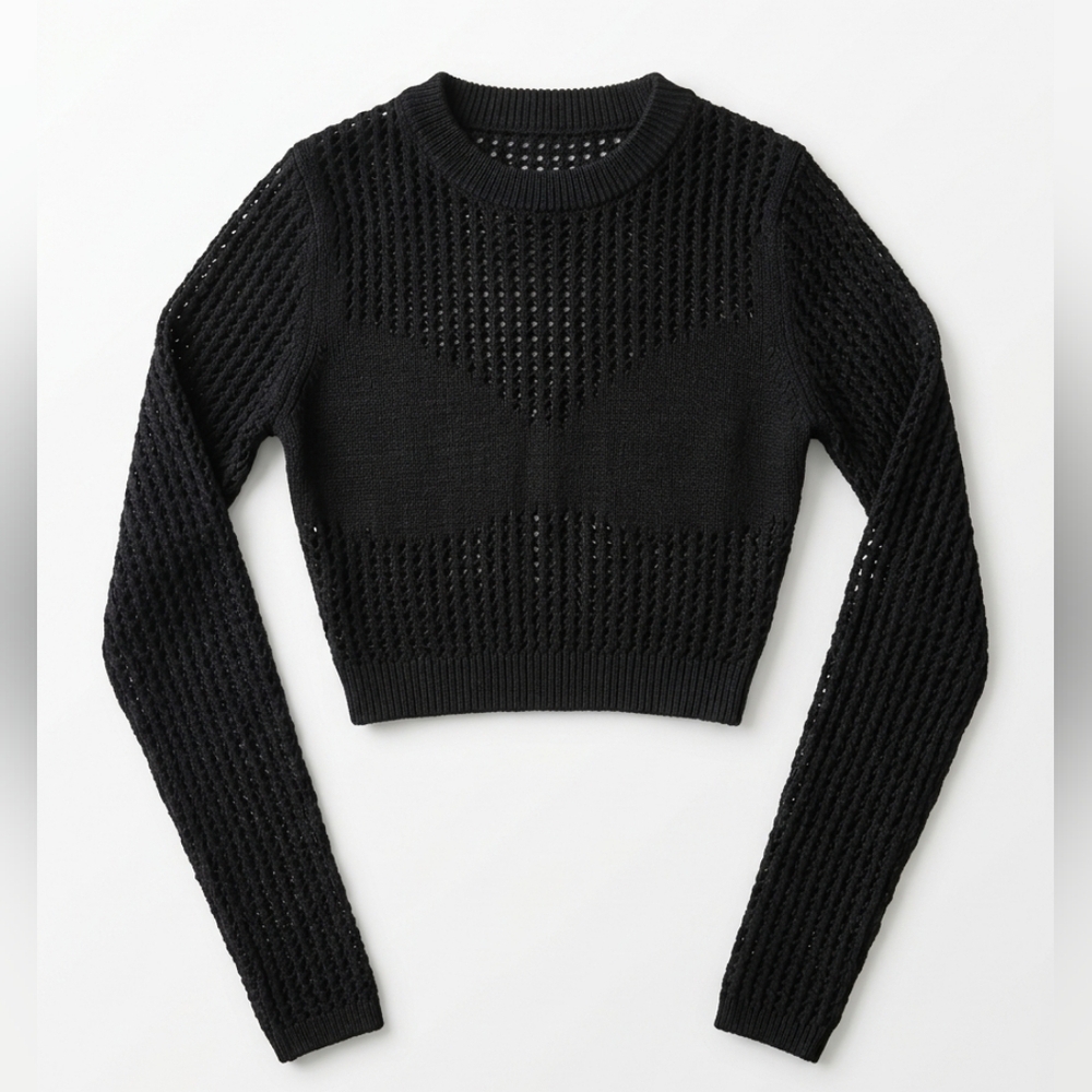 RtA Black Crochet Cropped Long Sleeve Top NWT